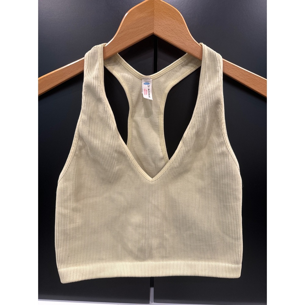FP Movement Free People Good Karma V-Neck Ribbed Crop Tank Top Cream Yellow L